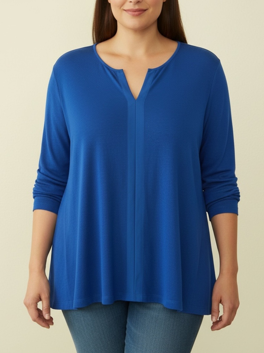 Plus-Size Blue Long-Sleeve V-Notch Tunic Top